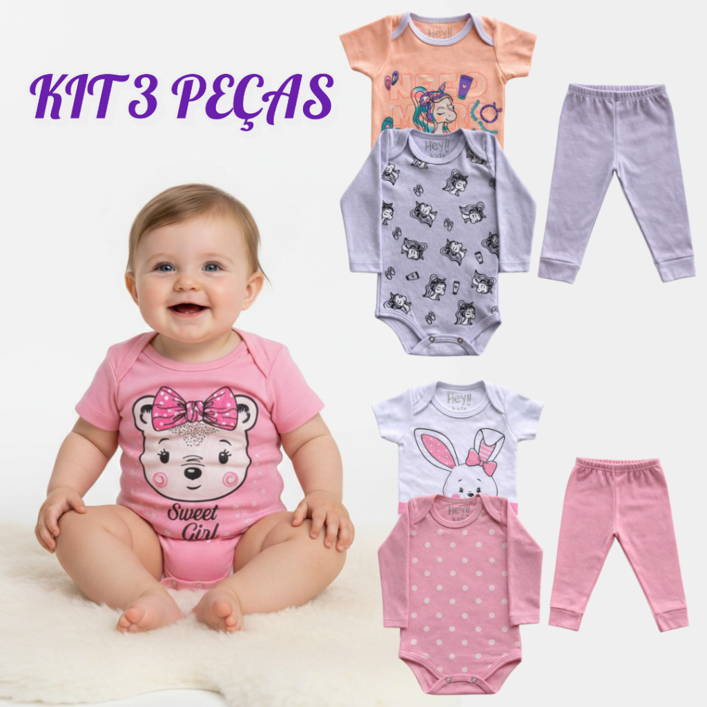 Kit 3 Peças Body de Bebê Menina - Roupa para Bebê - Conjunto de Bebe 100% Algodão - Tamanho P ao GG