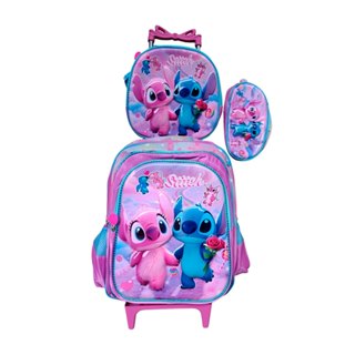 Kit Mochila Stitch e Angel com Rodinhas + Lancheira Térmica + Estojo Escolar Infantil em Oferta na Shopee
