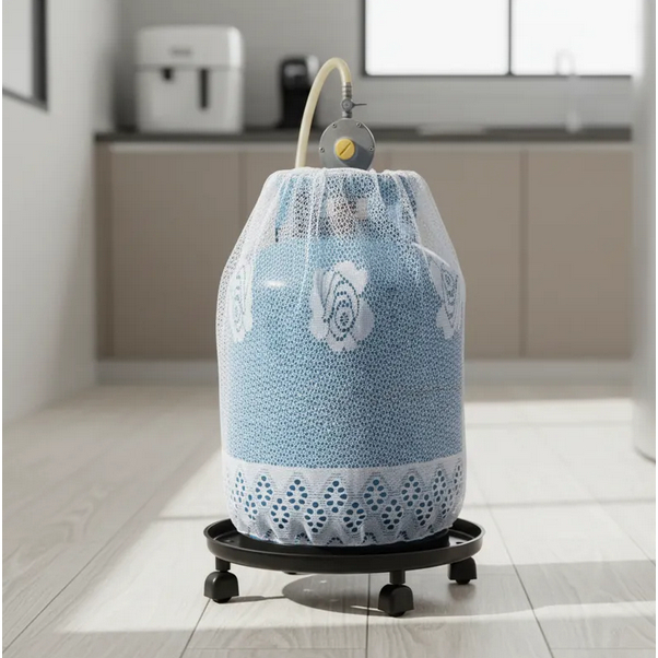 Kit Suporte Botijão Com Rodinhas + Capa Bujão Renda Branco