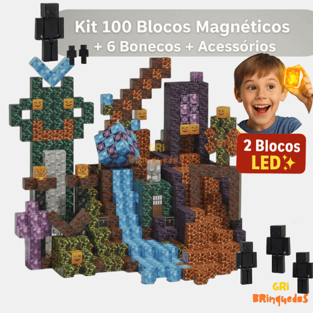 Kit 85/96/132 Blocos Montar Magnéticos com Luzes Brinquedo Educativo Ímã Criativo Presente Criança
