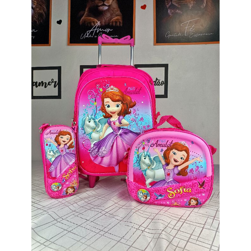 KIT MOCHILA ESCOLAR INFANTIL MENINA PRINCESA SOFIA/ SOFIA/ COM RODINHAS/KIT MOCHILA+LANCHEIRA+ESTOJO/MODELO 2026 EM 3D