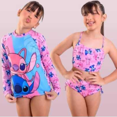 Kit 03 Peças Stitch Biquini+Camisa  Proteção UV 50+ Moda Praia Piscina  Menina