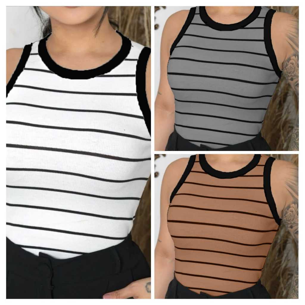 Kit 3 Camiseta Regata Feminina Canelada Listrada e Lisa Ribana Camiseta Básica Blusa Regata Casual