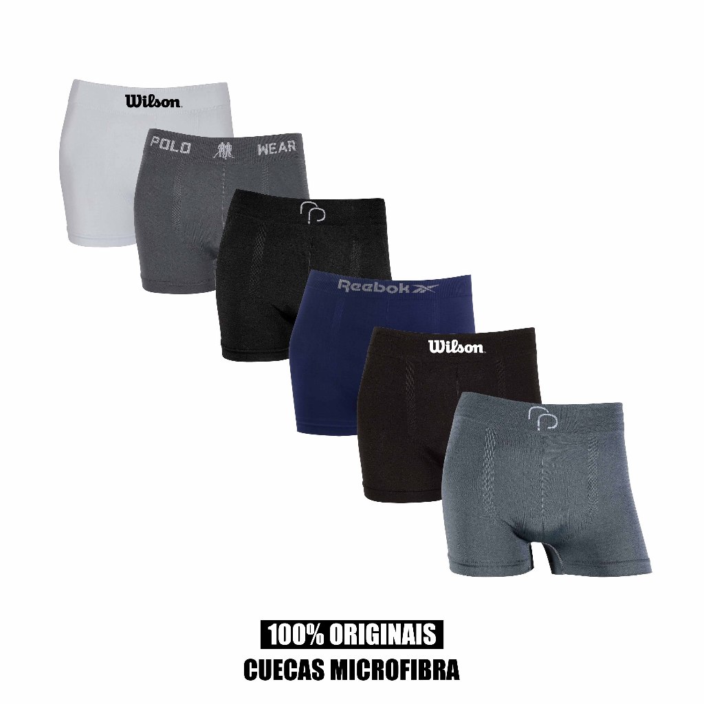 Kit 6 cuecas boxer Wilson Reebok Polo Wear e RP Original Microfibra Sortidas