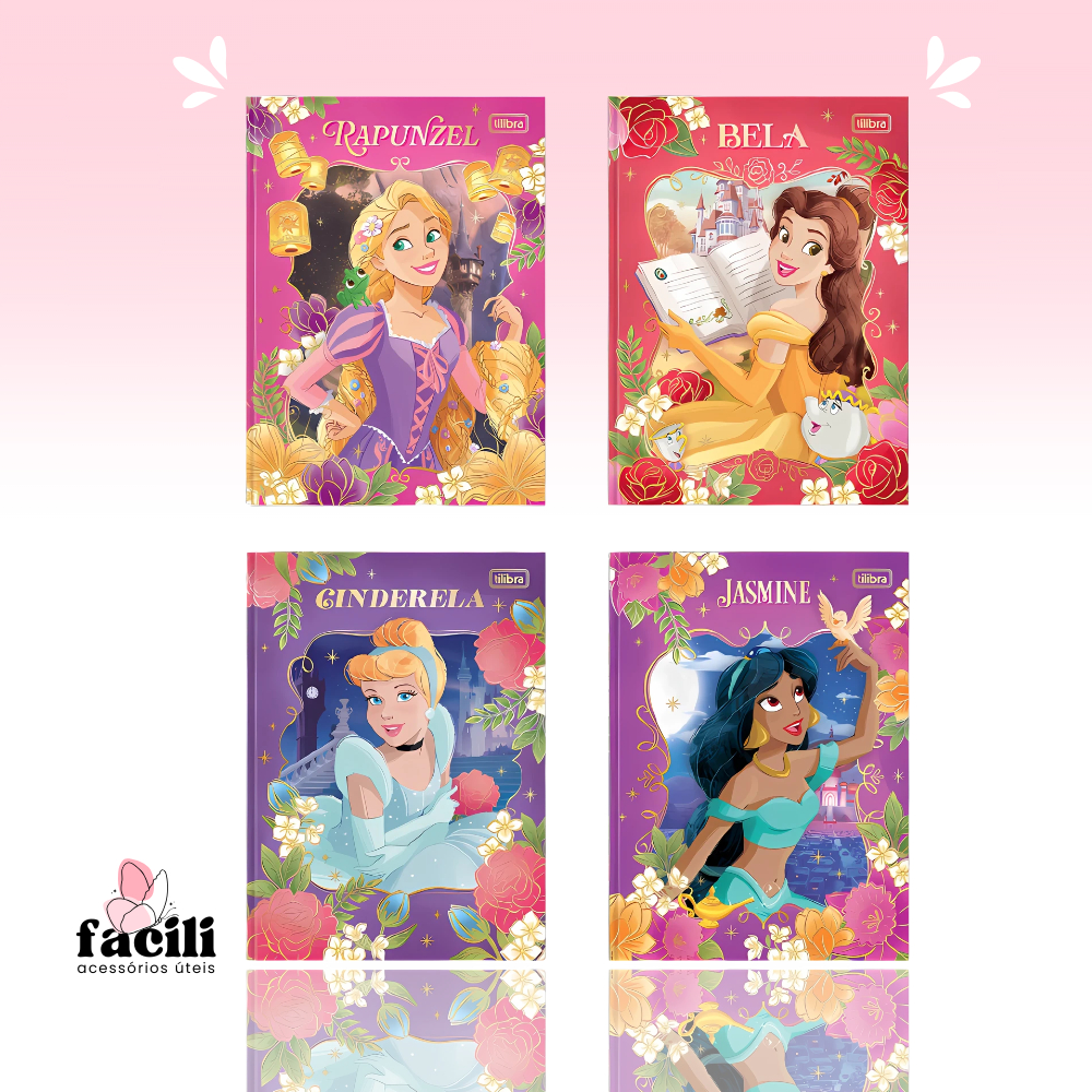 Caderno Colegial Brochura Princesas | Capa Dura Metalizada • 160 Folhas Decoradas • Disney em Oferta na Shopee
