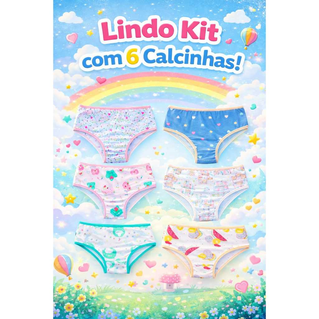 Kit 6 Calcinhas Menina Infantil Poliester e Viscose Estampas Sortidas- Tamanho 2 a 8 Anos