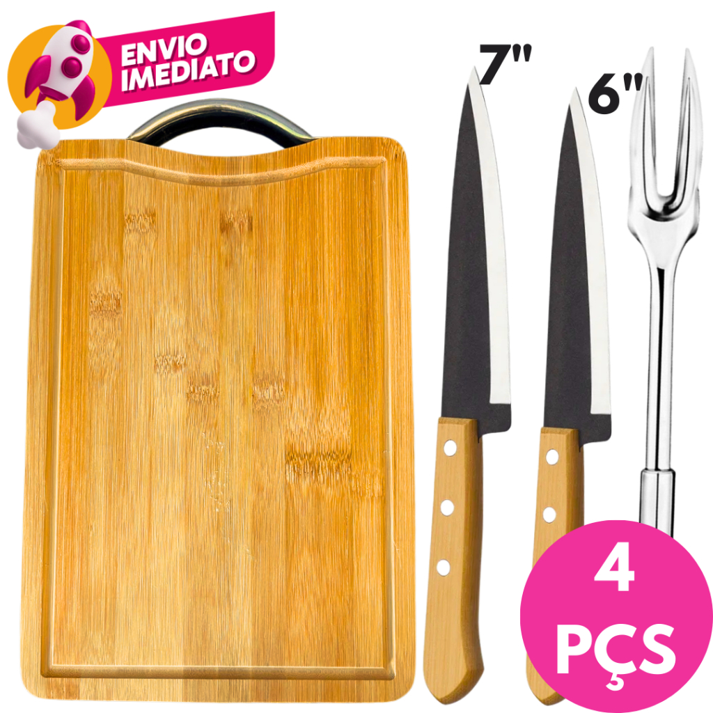 Kit Churrasco Tábua Corte Carne Madeira Faca  Peixeira 5" 6” 7” Cabo Madeira Garfo Trinchante Inox