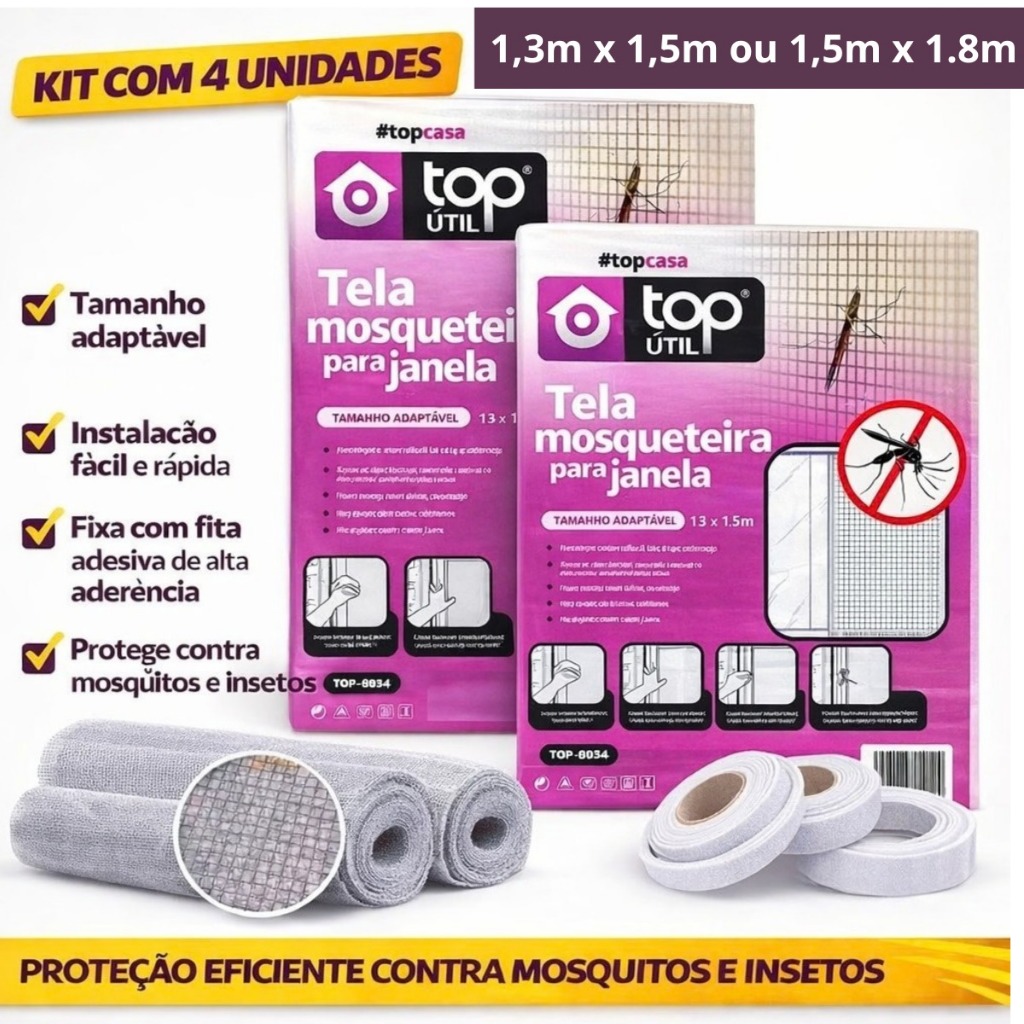 Kit Conjunto 4 Telas Mosqueiteiro Anti Inseto Branca Removível Com Velcro para Janelas Medida 1,50x1,80  e 1,30x1,50 em Oferta na Shopee