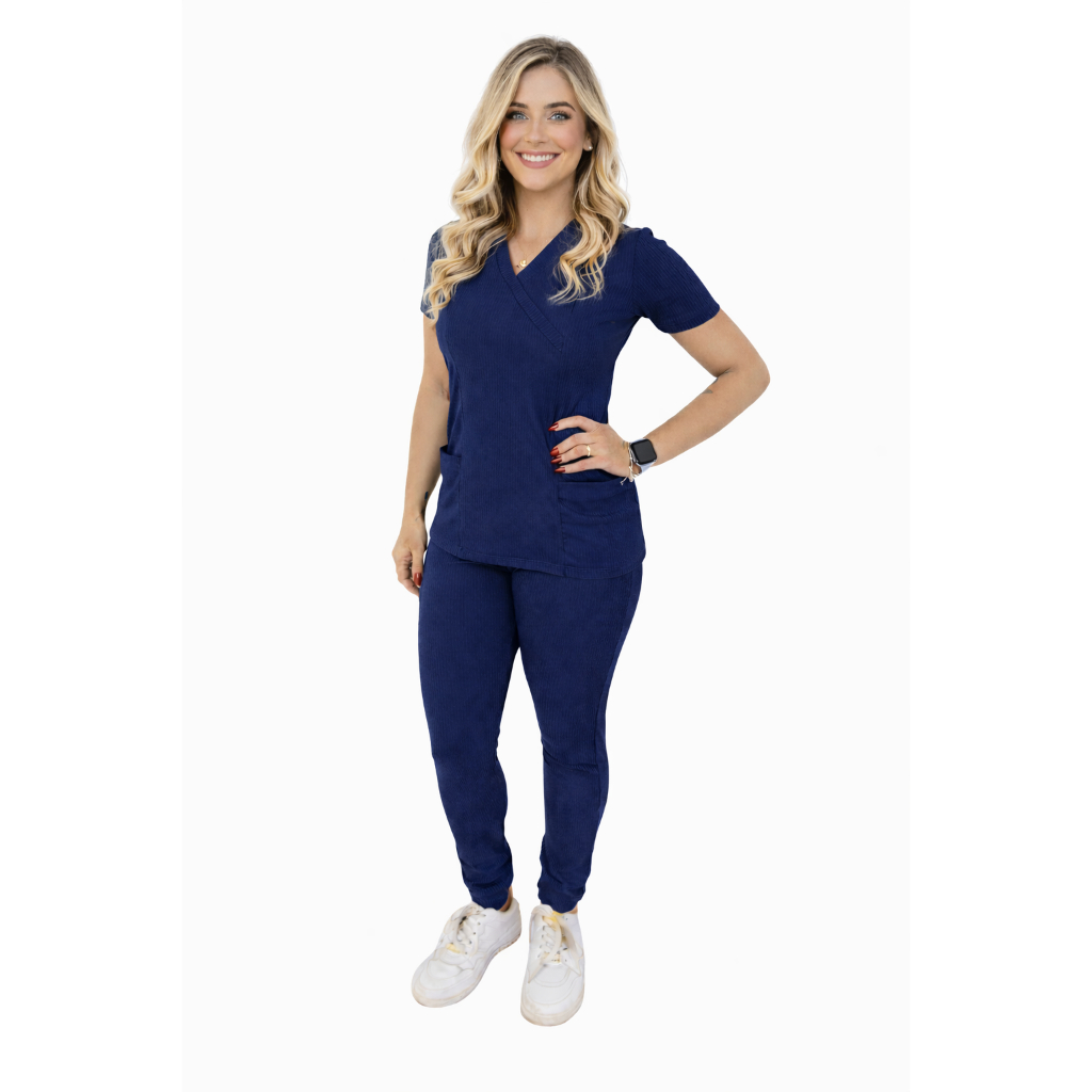 Pijama Cirúrgico Hospitalar Feminino de Malha Canelada | Scrub Com Elastano | Conjunto | Uniforme Confortável