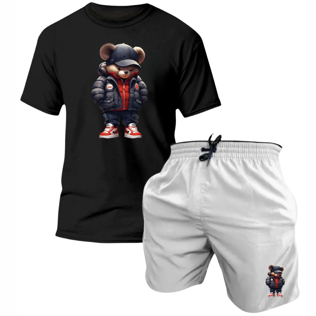 Kit Camiseta + Bermuda Masculina Tactel Estampada Moda Praia Lançamento