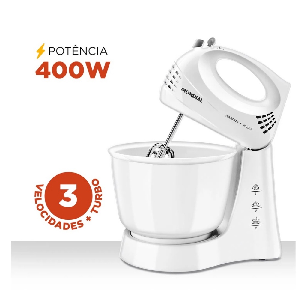Batedeira Mondial Power Prática 400W 3,6L com 3 velocidades - B44 W - Branca