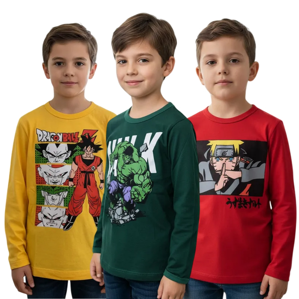 Kit 5 Camisetas Infantil Masculina Manga Comprida 100% Algodão Desenhos Blusa Menino Frio Inverno Meia Estação 2 à 8 Ano