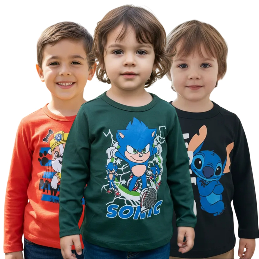 Kit 5 Camiseta Infantil Masculina Manga Longa Estampada Personagens Desenhos 2 à 8 Anos Meia Estação em Oferta na Shopee