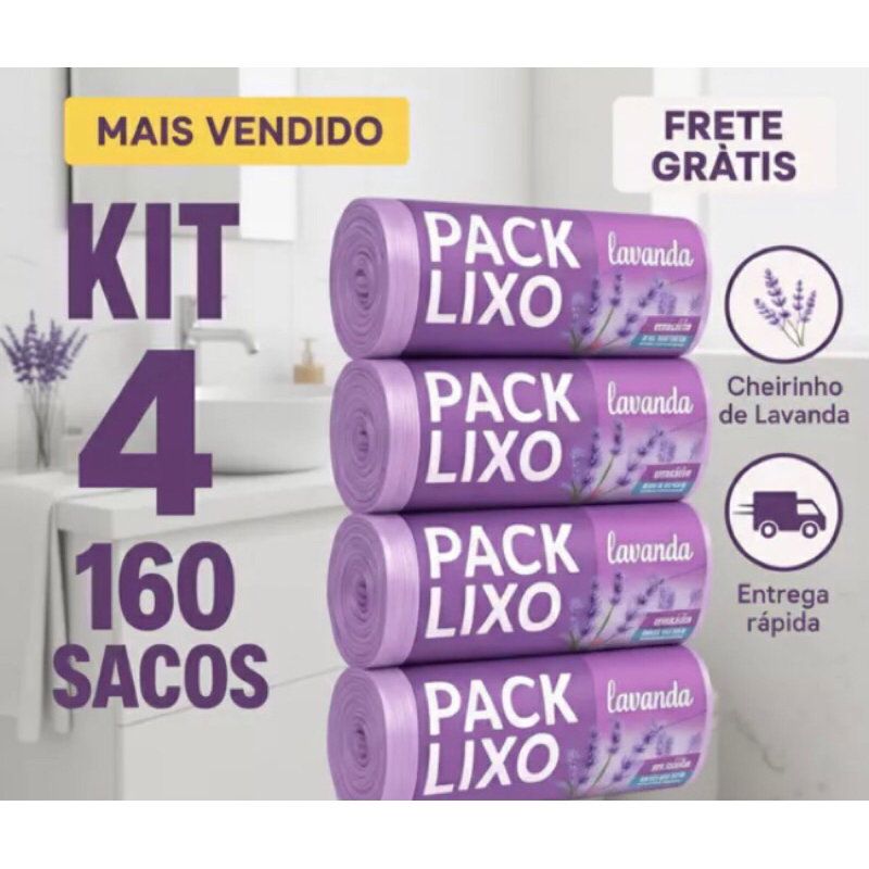Kit 4 Sacos de Lixo Perfumados Lavanda | 160 Sacos | Pia e Banheiro | 34x38cm | Neutraliza Odores