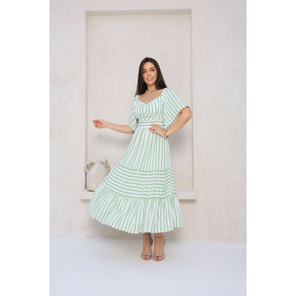 VESTIDO MIDI EVANGÉLICO FEMININO LUANA LISTRADO - Tecido Viscolinho (100% Viscose)