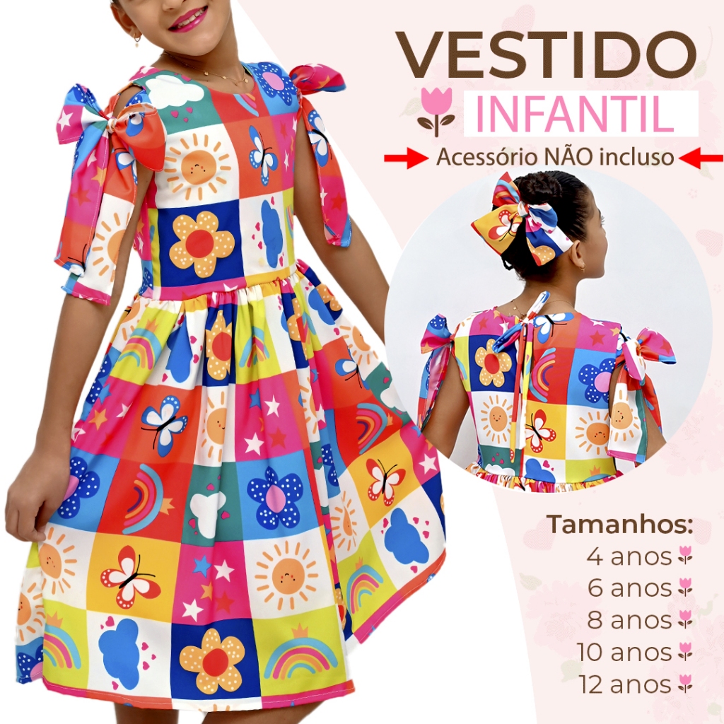 Vestido Infantil/Juvenil Menina Laço Estampado Colorido Luxo Delicado Premium Envio Rápido 4 a 12 Anos