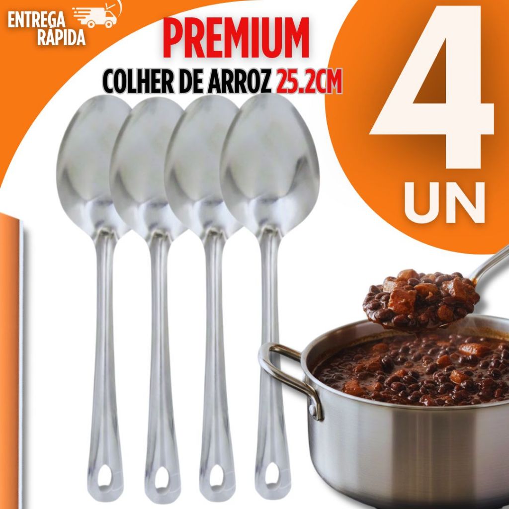 Jogo 4 Colher Para Servir Arroz Grande Cabo Aço Inox 25CM Para Cozinha e Restaurantes Premium Qualidade Utilidades