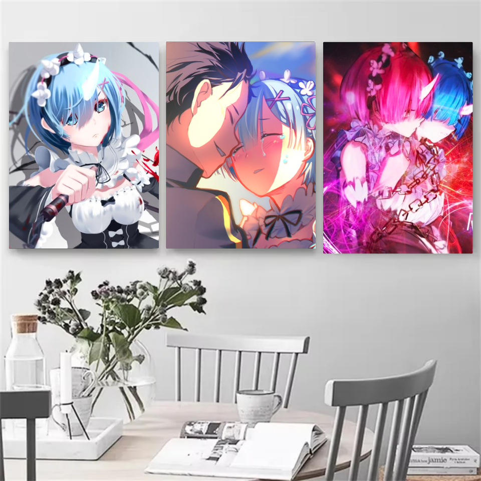 Kit 3 Quadros Placa Decorativo Anime Re: Zero Subaru Emilia Rem Ram Decoração Quarto Criança Cartaz Poster Geek 19x27