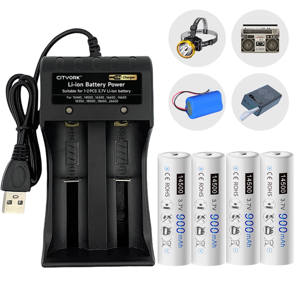 Carregador E Pilha Recarregáveis 14500 De 3.7v 900mAh 4 Bateria 1200Cicio Para Câmeras digitais Mini impressoras