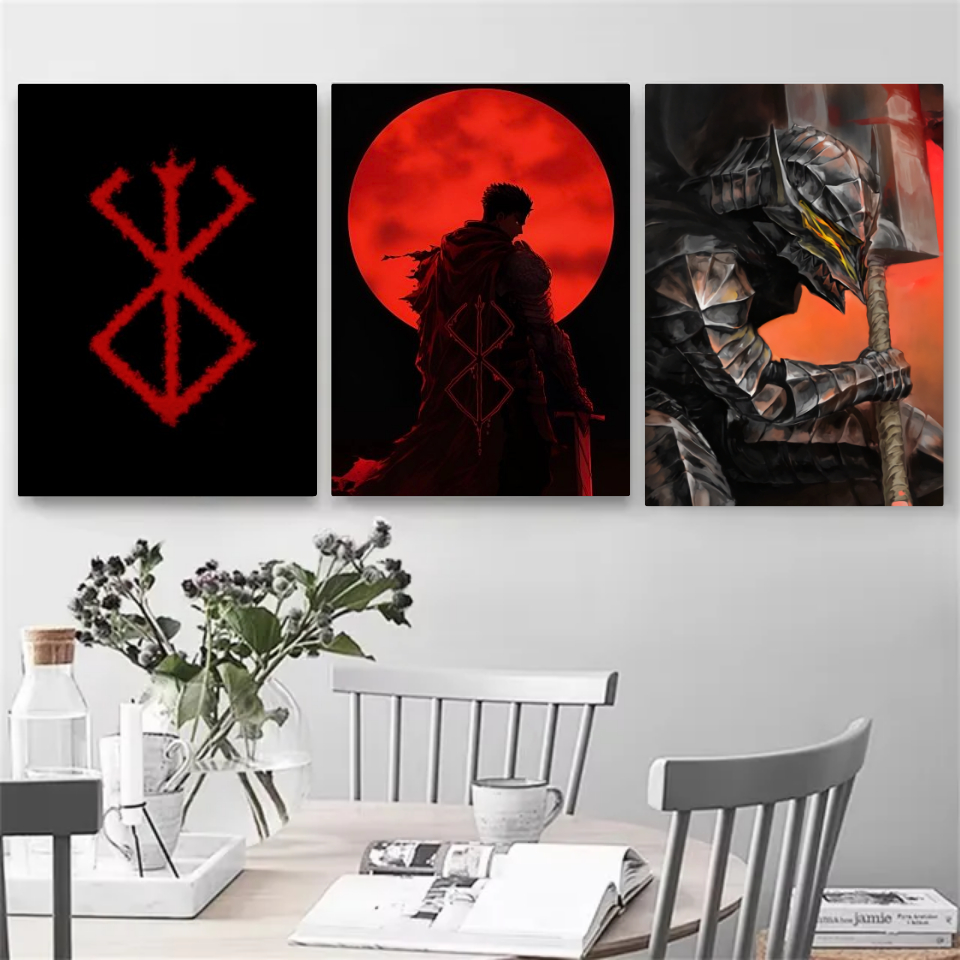 Kit 3 Quadros Placa Decorativo Anime Berserk Desenhos Infantil Decoração Quarto Criança Cartaz Poster Geek 19x27