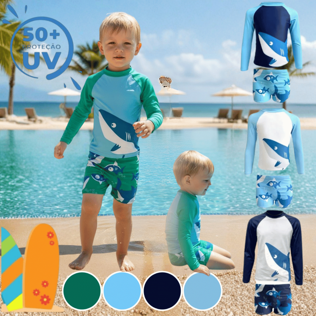 Kit Infantil Juvenil Moda Praia com Proteção UV50+ Camisa Manga Longa e Sunga 2 Peças
