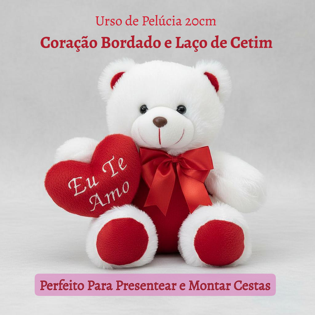Urso de Pelúcia Branco 20cm Com Coração Bordado e Laço de Cetim - Com Carinho - Eu Te Amo - Amo Você em Oferta na Shopee