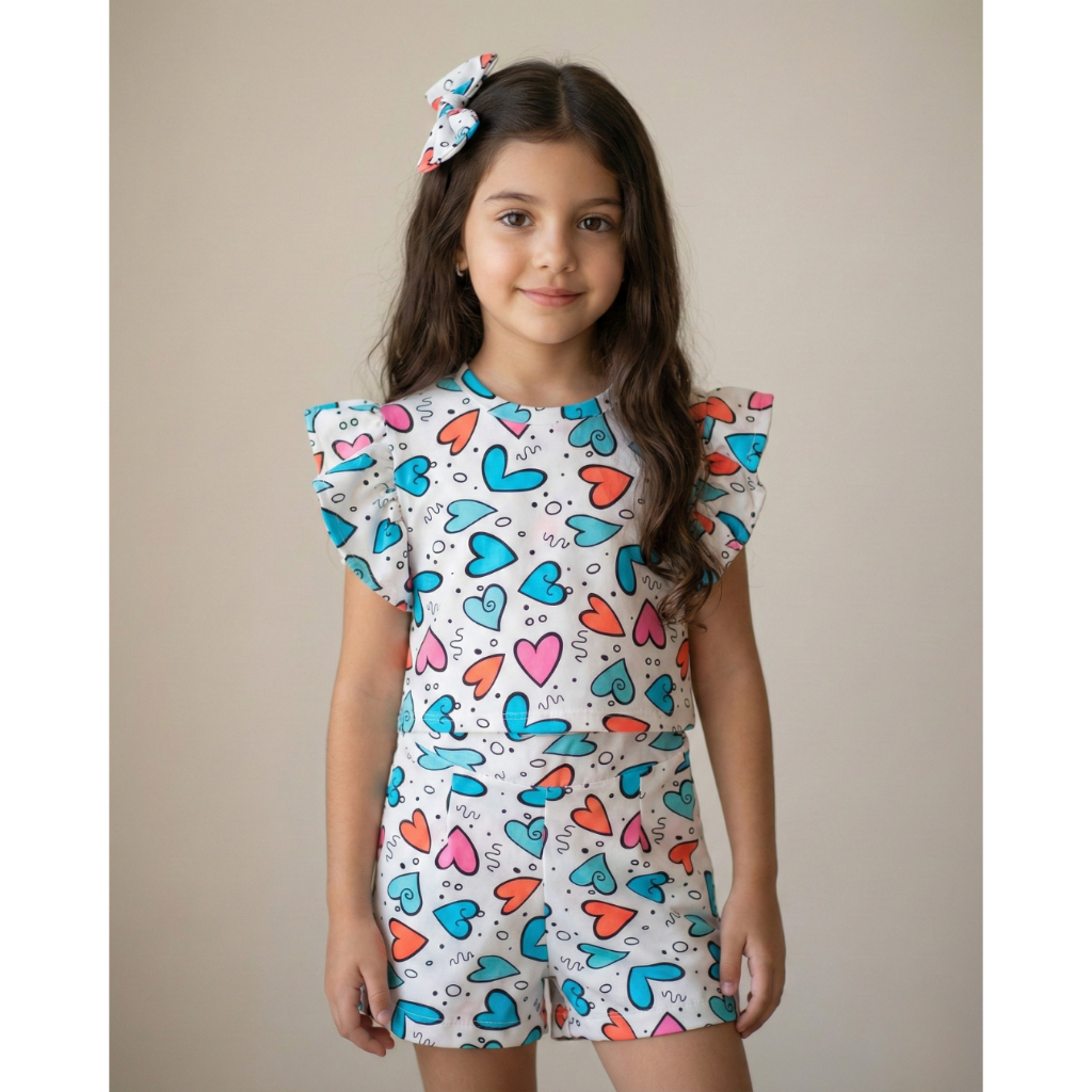 Conjunto de verão roupa infantil feminina confortável blusa, short e lacinho criança meninas estampa conforto 1 - 8 anos