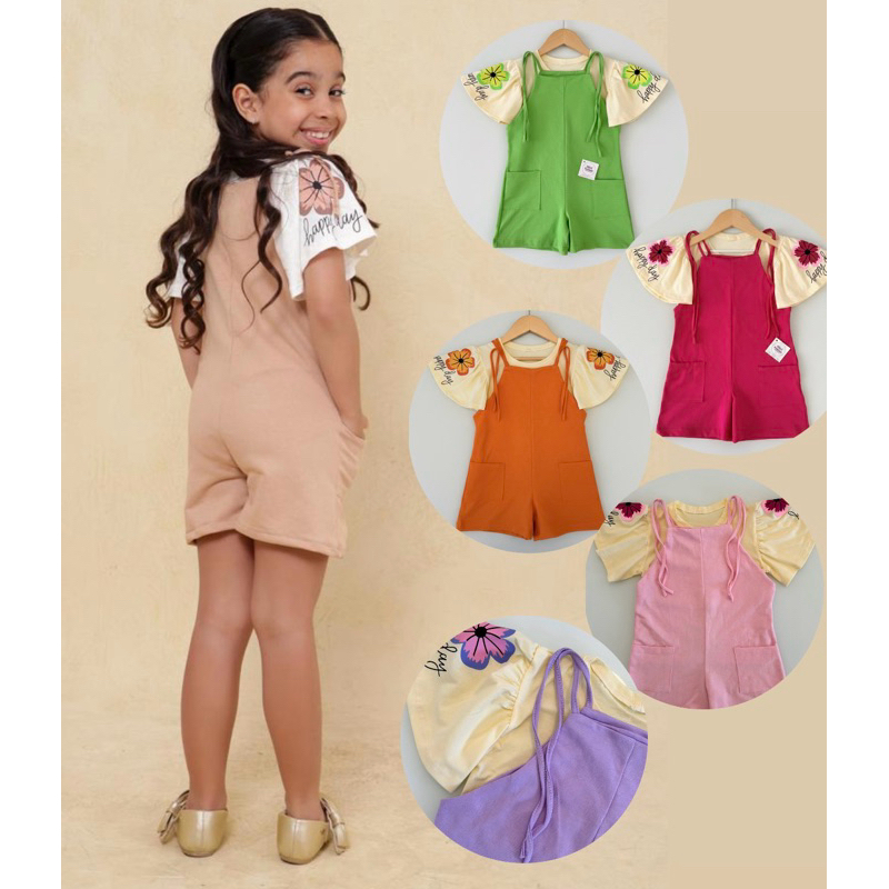 Jardineira moletinho macaquinho infantil com blusa de flor 100% algodão conjunto de menina