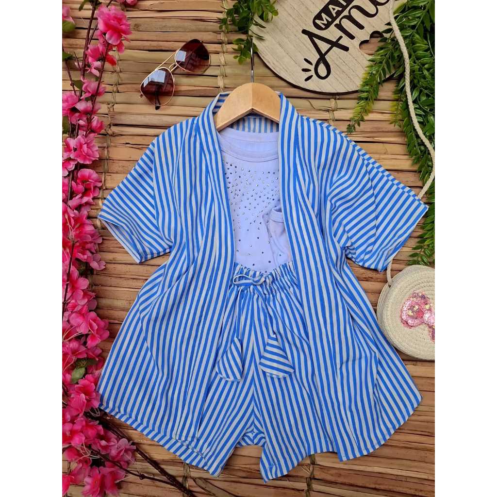 Conjunto kimono infantil-juvenil menina / kimono + short infantil Femenino / estampado / saida de praia / casual 2 peças