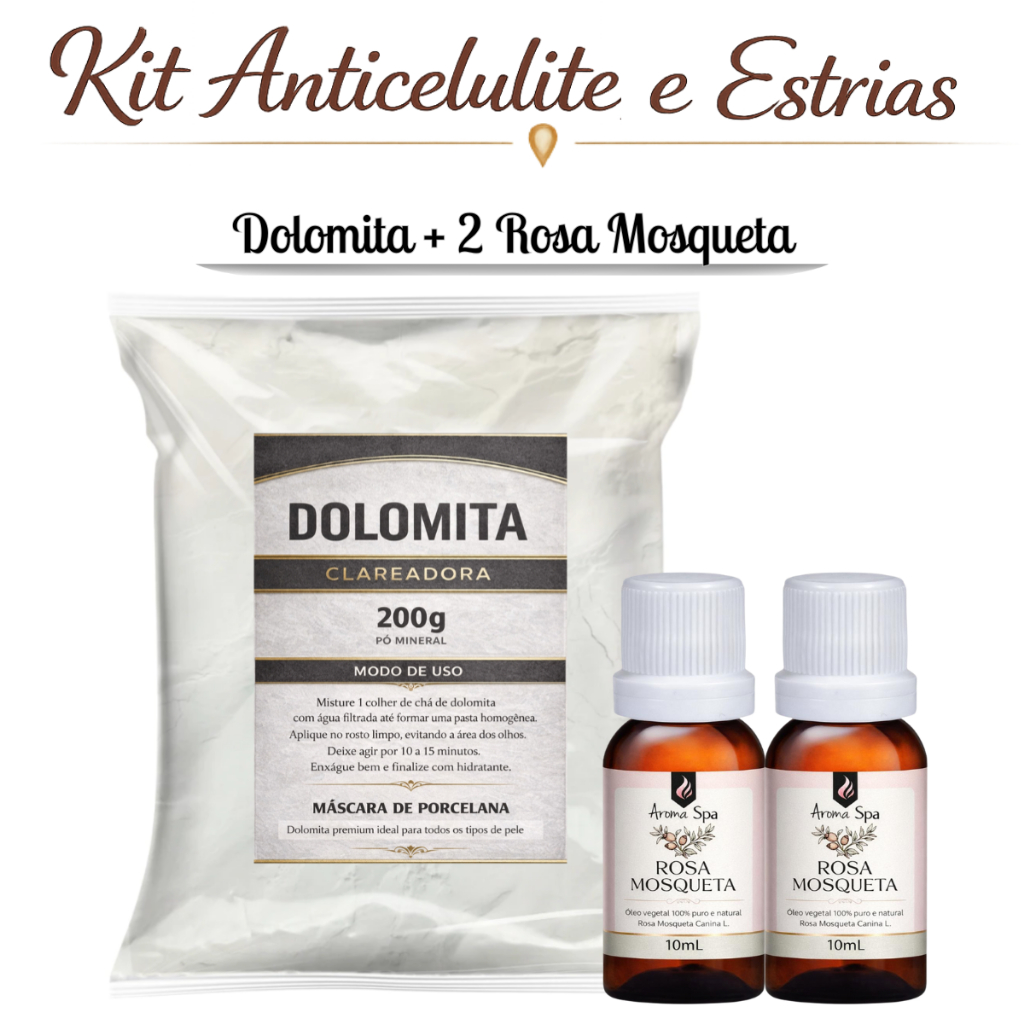 Kit Dolomita Clareadora + Oleo de Rosa Mosqueta 100% Pura -  Clareia Manchas, Antiestrias, Anticelulite - Envio Imediato