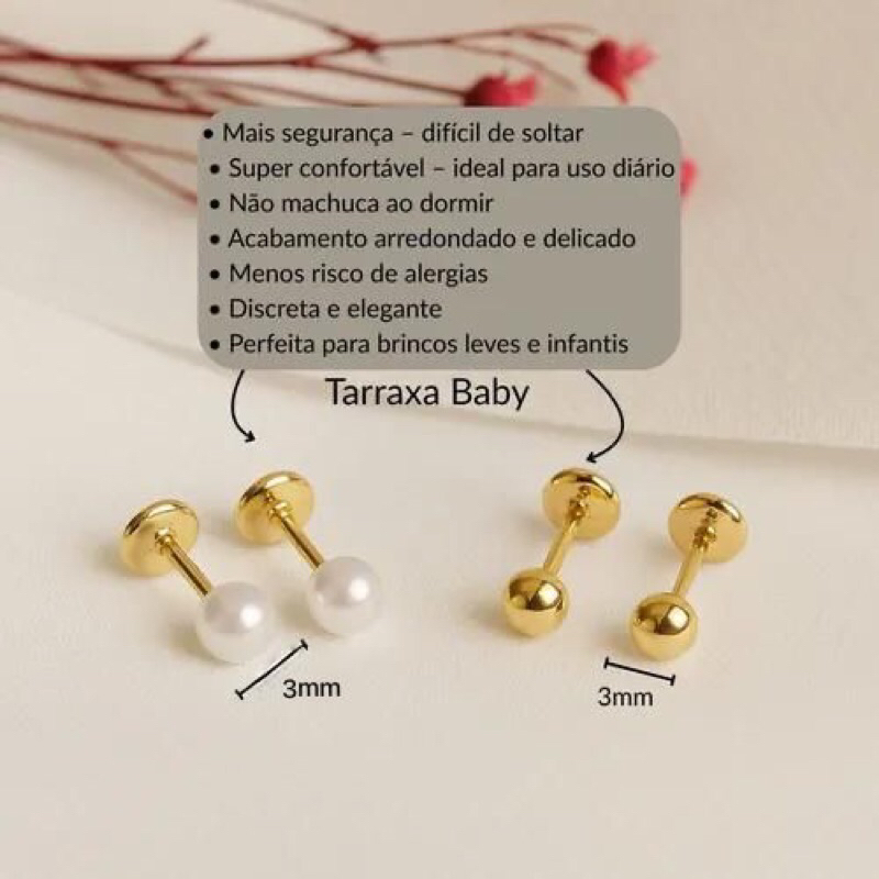 kit 2 pares de brincos infantil antialérgico c/tarraxa baby  banhado a ouro 18k