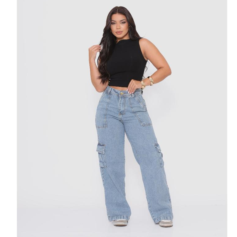 Calça Jeans Cargo Feminina Confortável Casual Versátil Tendência Elegante Moderna Festas Blogueira