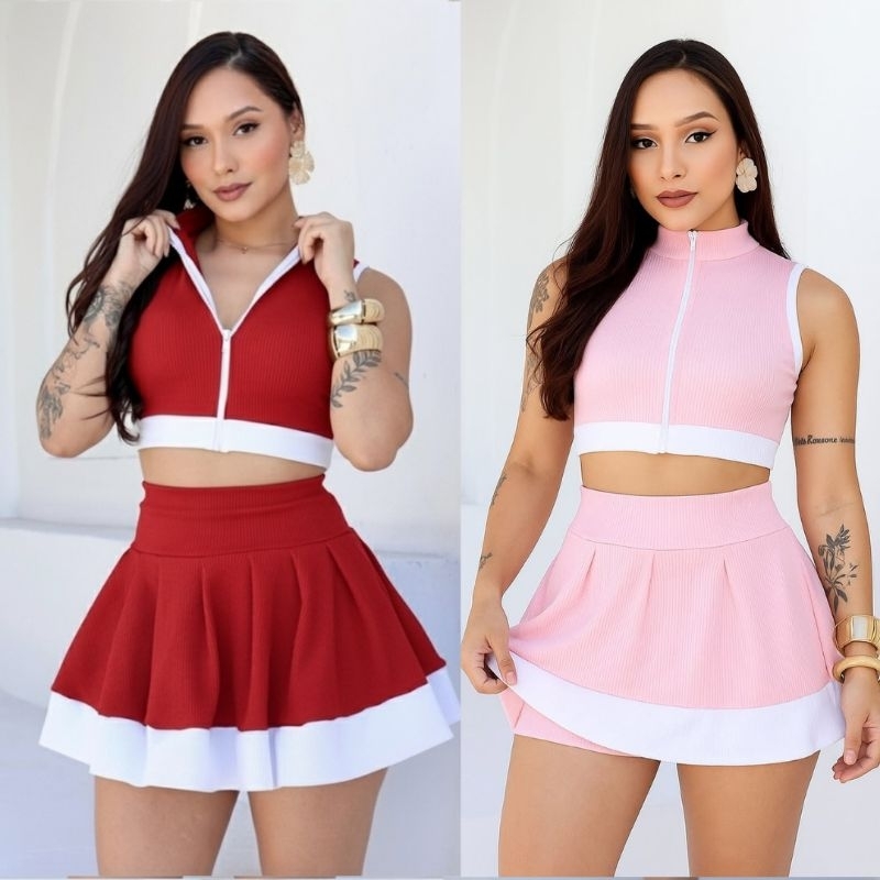 Conjunto Short Saia e Cropped Feminino Com Ziper Primavera Verão em Oferta na Shopee