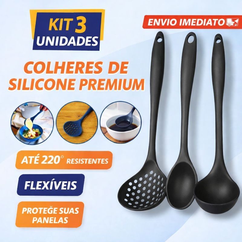 Kit Utensílios de Silicone 3 Peças | Concha, Colher e Escumadeira Antiaderente