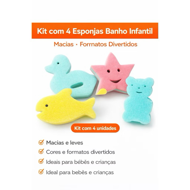 Kit com 4 esponjas infantis macias, ideais para banho de bebês e crianças