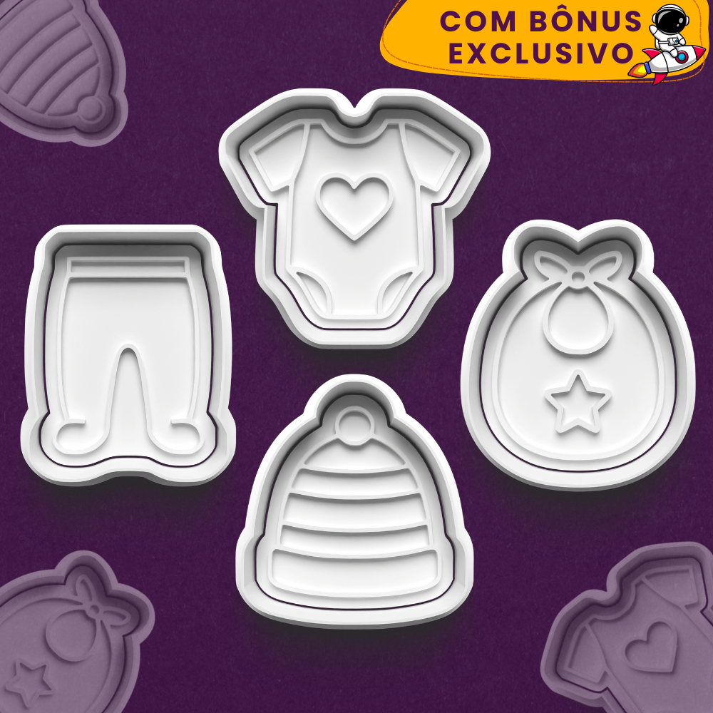 Kit Cortador de Biscoitos Roupinhas de Bebê Body Calça Touca Babador + Ebook de Receitas - 3D Verso