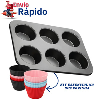 Kit ou Avulso Forma Assadeira + Forminha Cupcakes Silicone Bolinhos Pão De Queijo/ Teflon Forma Antiaderente 6 Cavidades em Oferta na Shopee