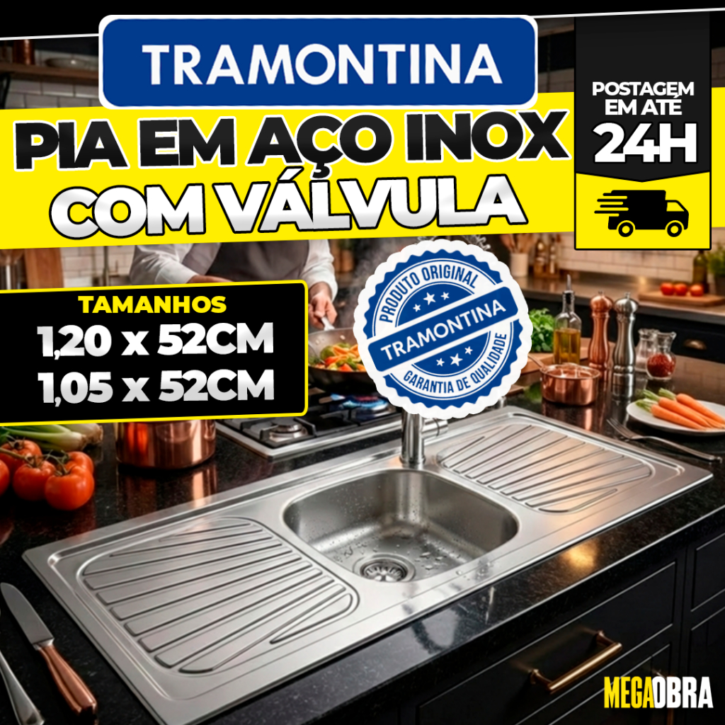Pia Inox Tramontina 1,20m 1,05m Cuba Central New Raggi 40 Com Válvula 3.1/2 Aço Inoxidável