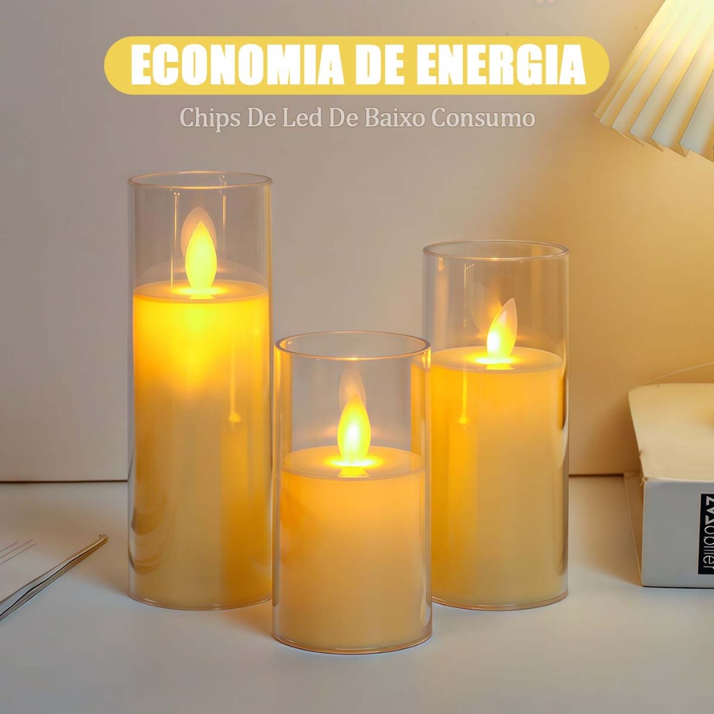 Kit 3 Lâmpadas De Vela Led Eletrônica Cilíndrica Chama Realista Decoração Festa