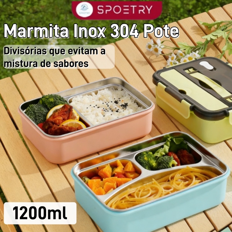 Marmita Inox 304 Pote Comida Divisória Talher 1200ml Alimento Almoço Apoio Celular