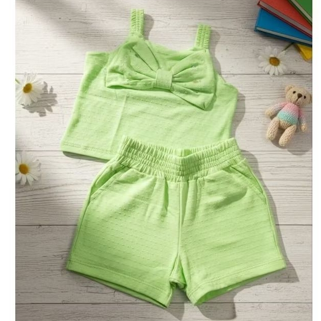 Conjunto Infantil verão Menina Verde Lima Laço com Brilho – Blusa Alcinha + Short Cintura Elástica