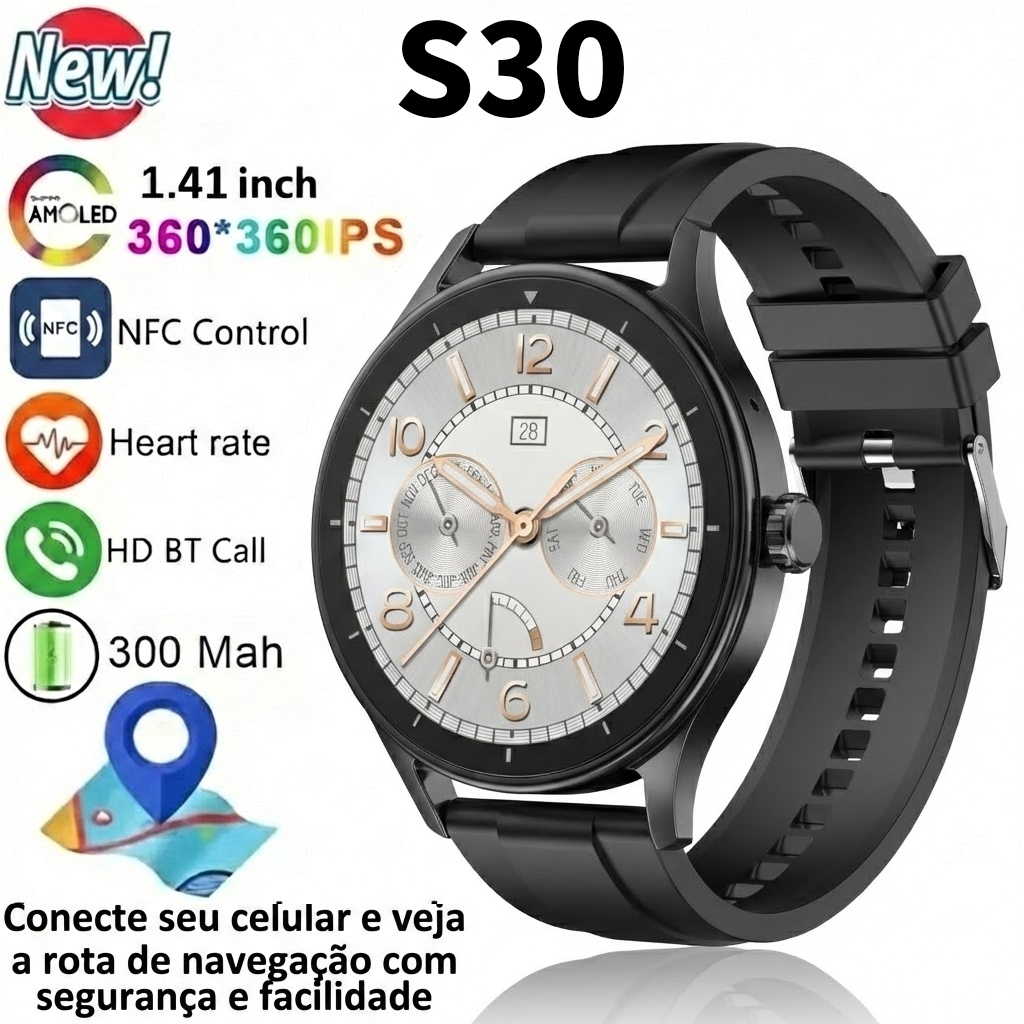Smartwatch Masculino S30 com GPS, NFC e monitor de frequência cardíaca. Tela AMOLED 1.41″. Para Android/iOS