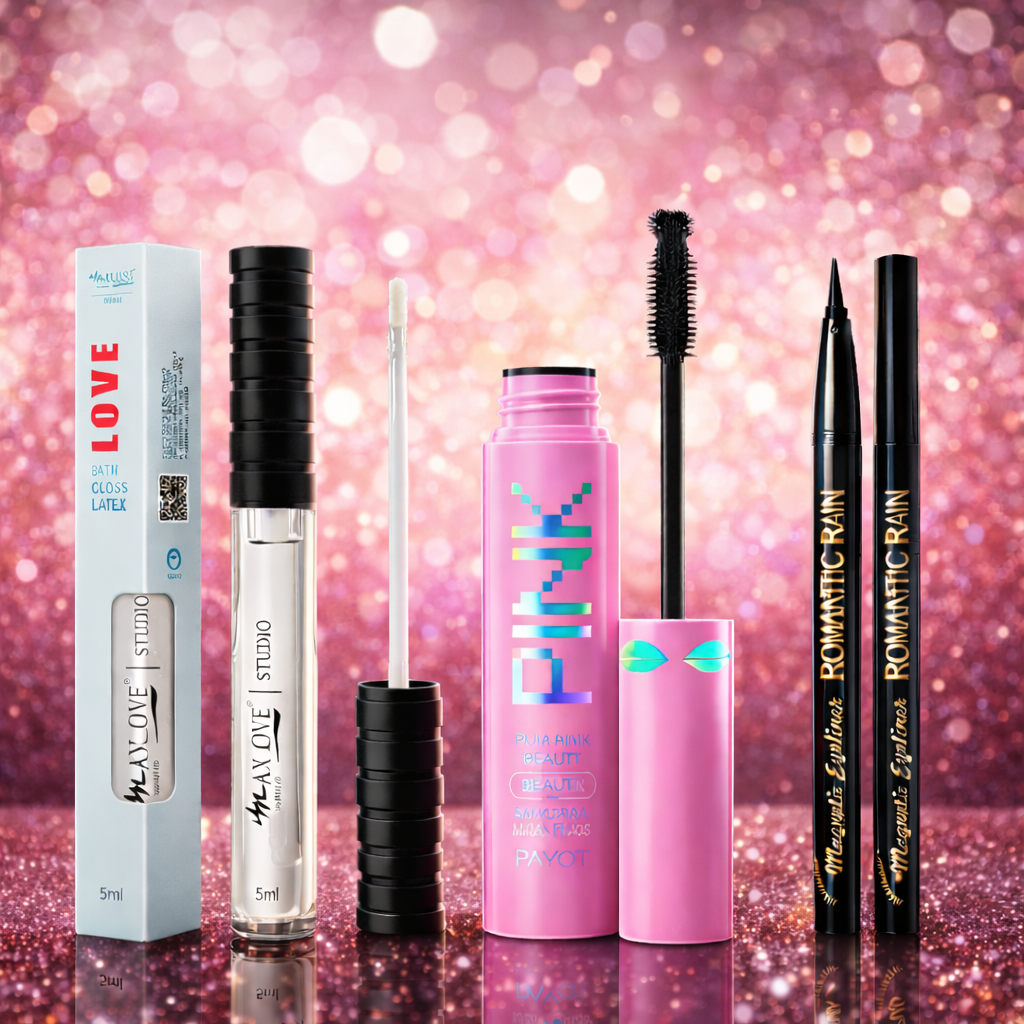 Kit Maquiagem Gloss Brilho Labial Max Love + Máscara de Cílios Pink Metamask + Caneta Romantic Rain