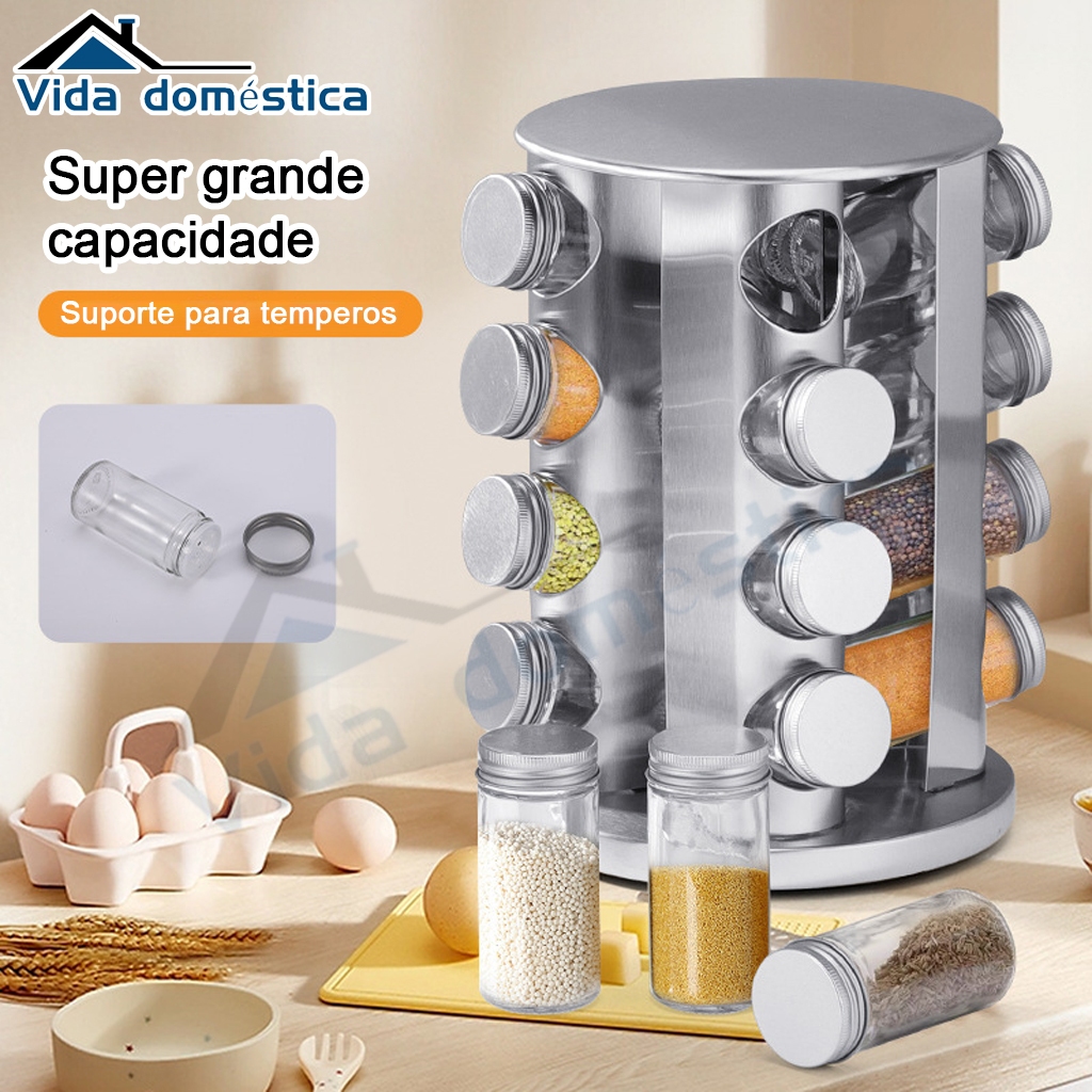 Porta Tempero Condimento Inox 12 Potes De Vidro Suporte Giratório Com Etiquetas E Caneta Decoração