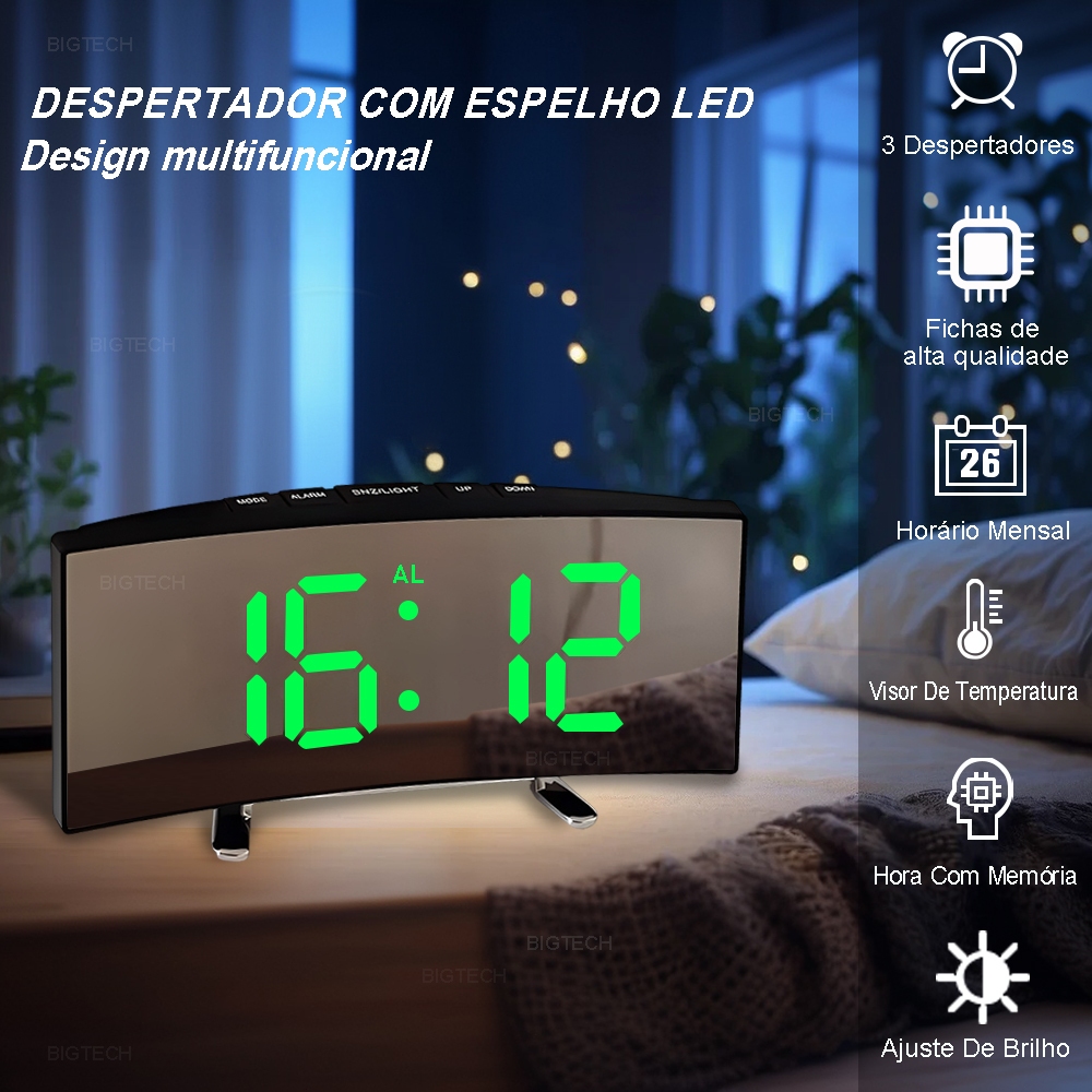 Relógio LED Digital Despertador Com Espelho Apresenta Exibição Da Hora, Data E Temperatura Função De Memória De Hora em Oferta na Shopee