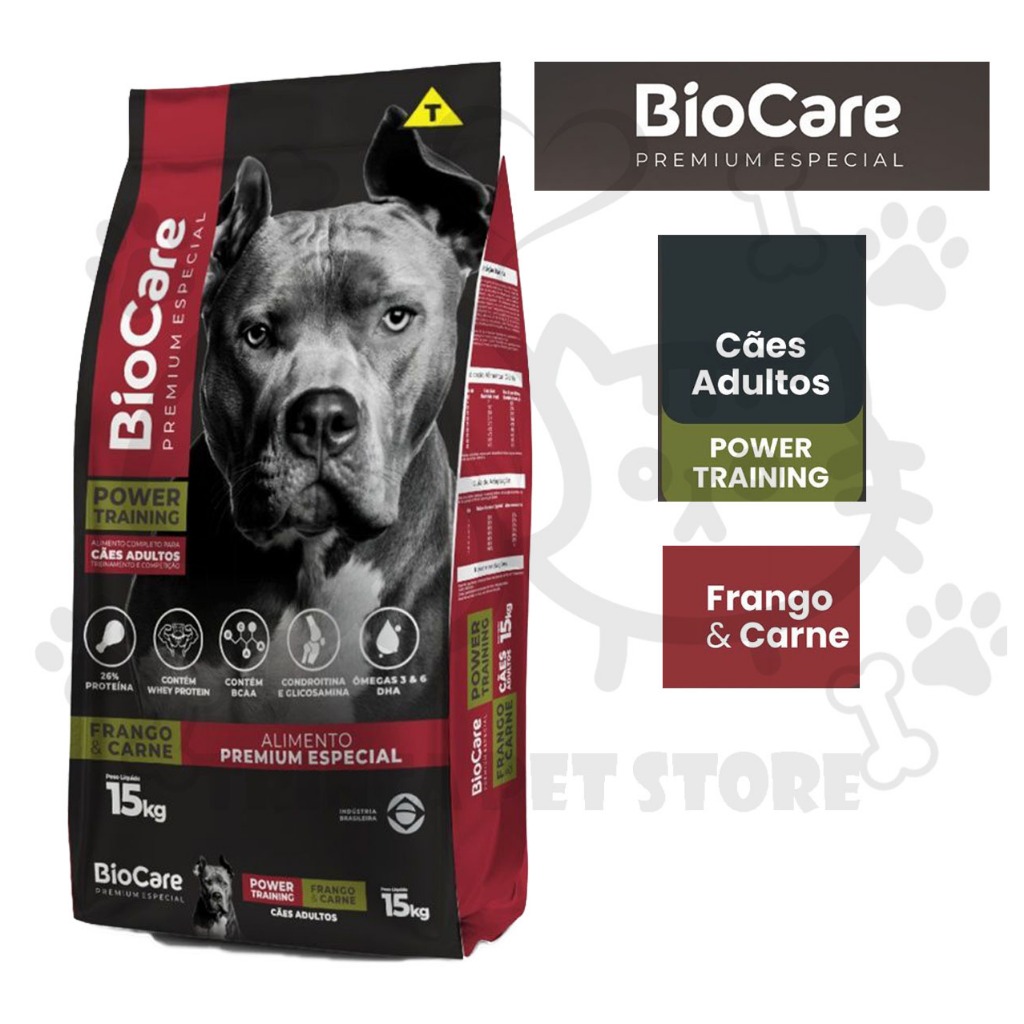 Ração Biocare Power Training para Cães Adultos Sabor Frango e Carne 15 kg