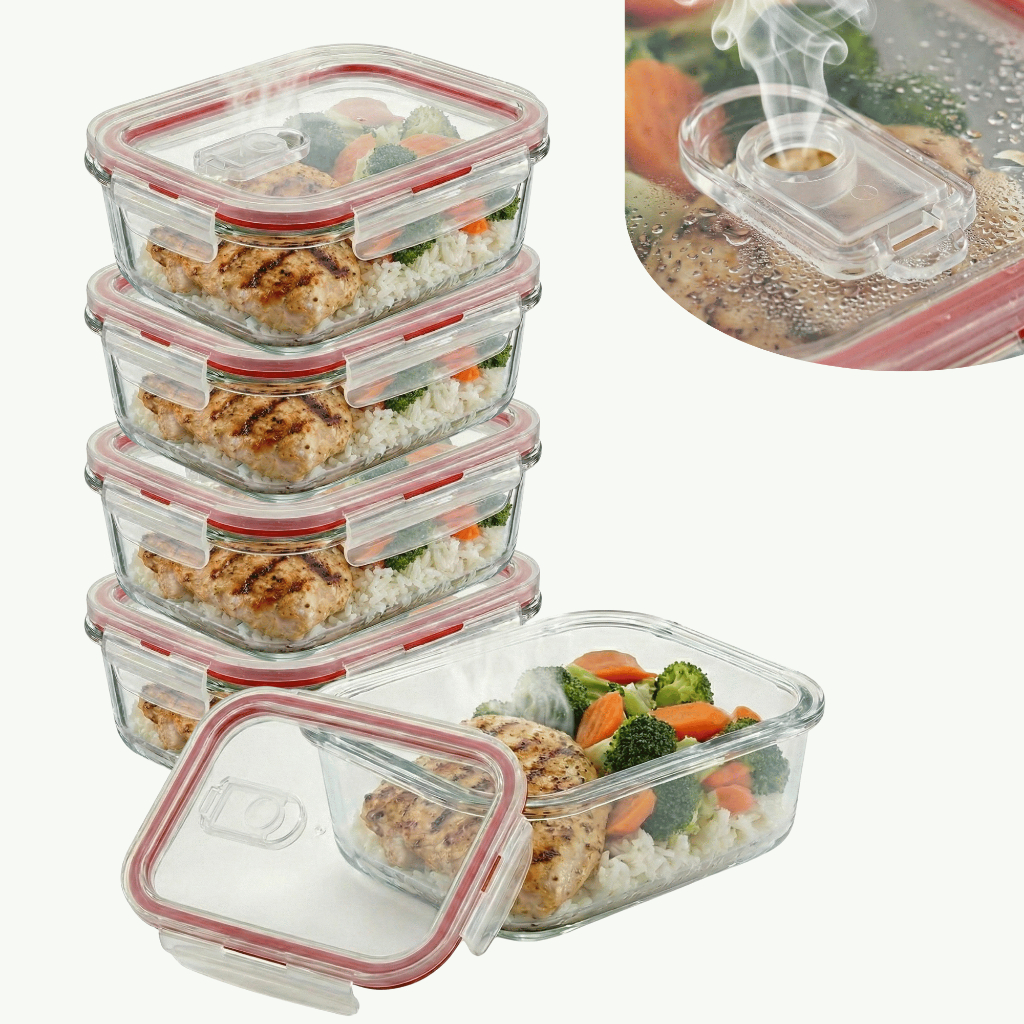 Imagem Conjunto 5 Pote 640ml Vidro Hermético Borossilicato Jogo Kit Marmita Forno Microondas Freezer Valvula de Vapor