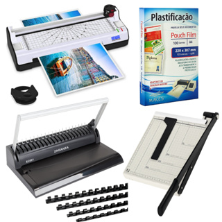Kit Plastificadora + Guilhotina + Plástico Polaseal A4 + Encadernadora em Oferta na Shopee