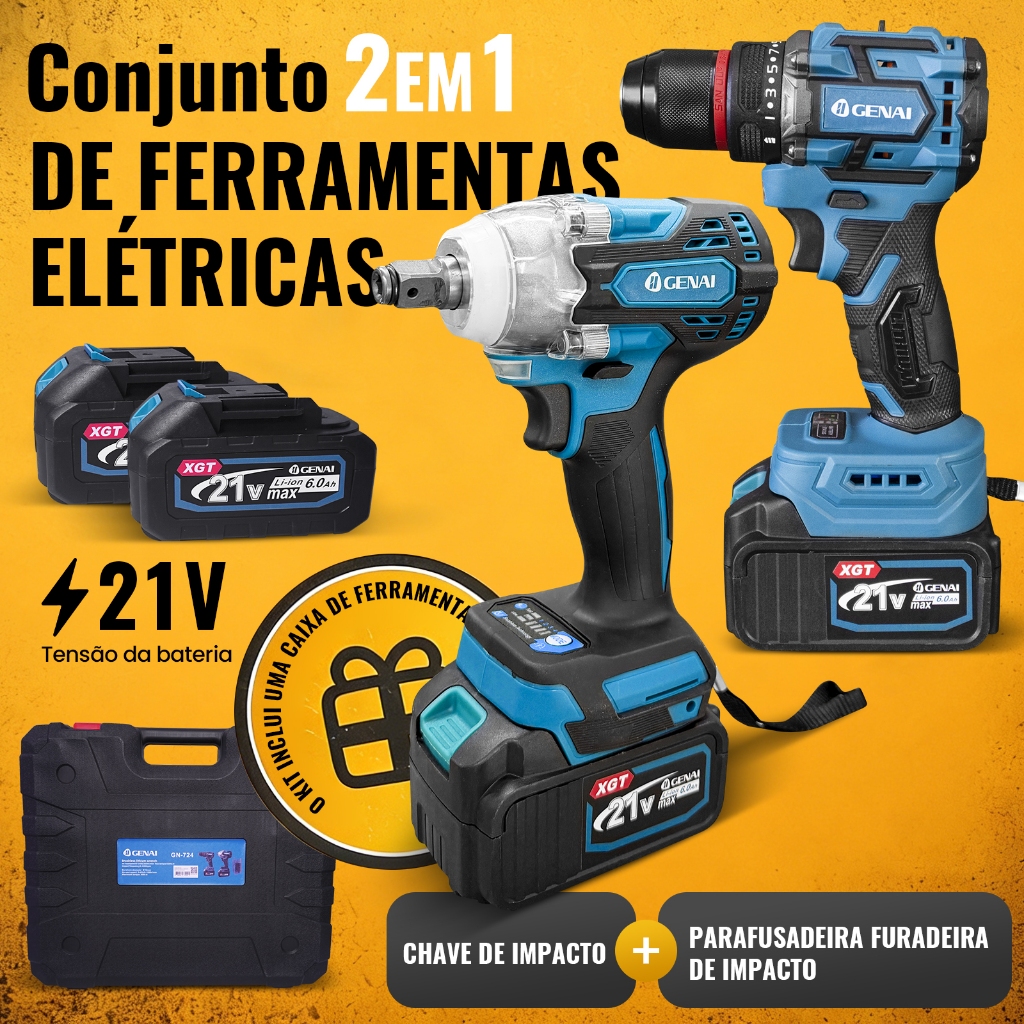 Kit Parafasudeira Chave De Impacto  + Furadeira de impacto 21v Portátil Recarregável Com 2 Baterias em Oferta na Shopee