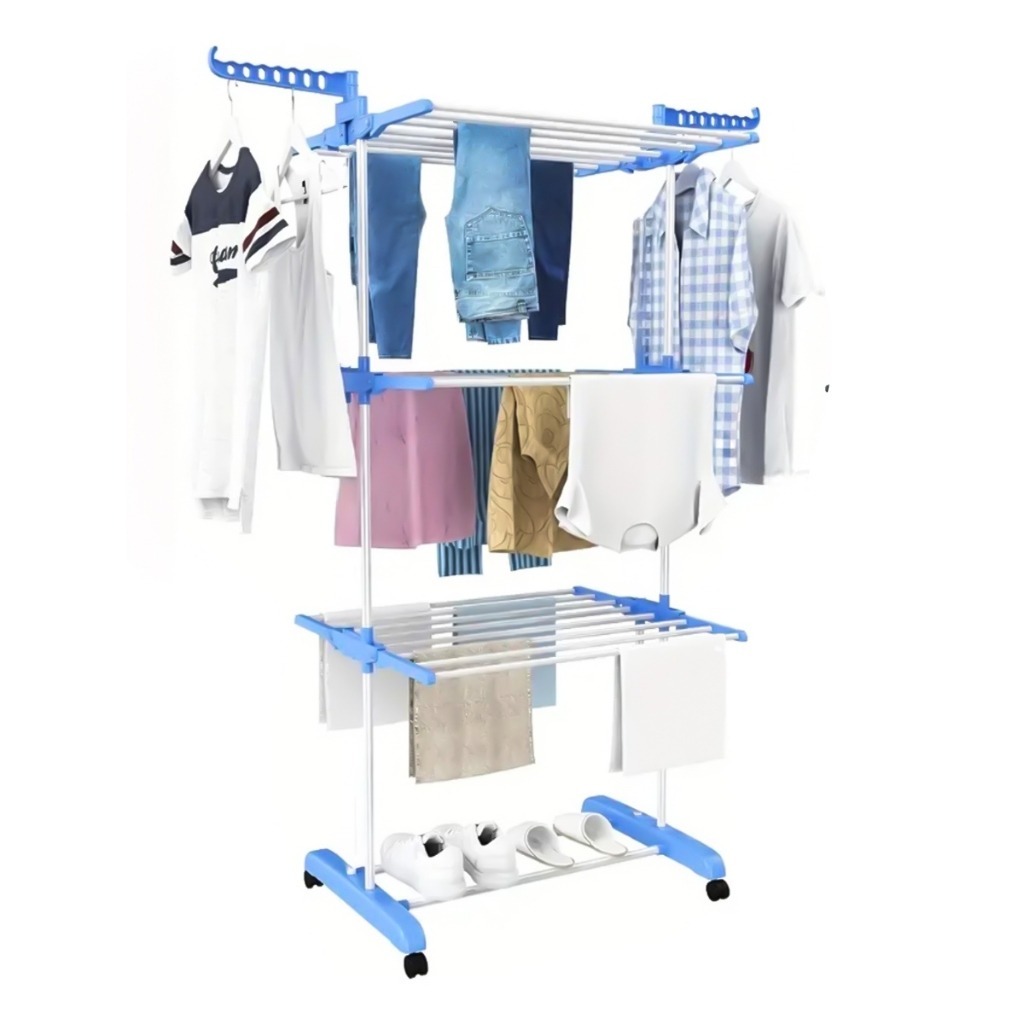 Varal de Chão Roupa Calcinha Grade 3 Andares Dobrável Portátil com Rodinhas